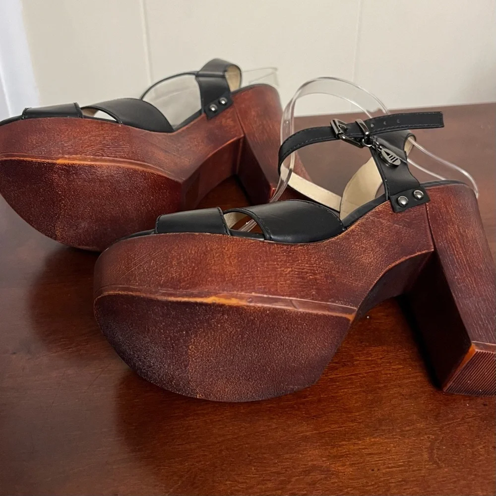 Aldo Leather Platform Sandals Black Studded wood Block Heel Size 10 NWOT